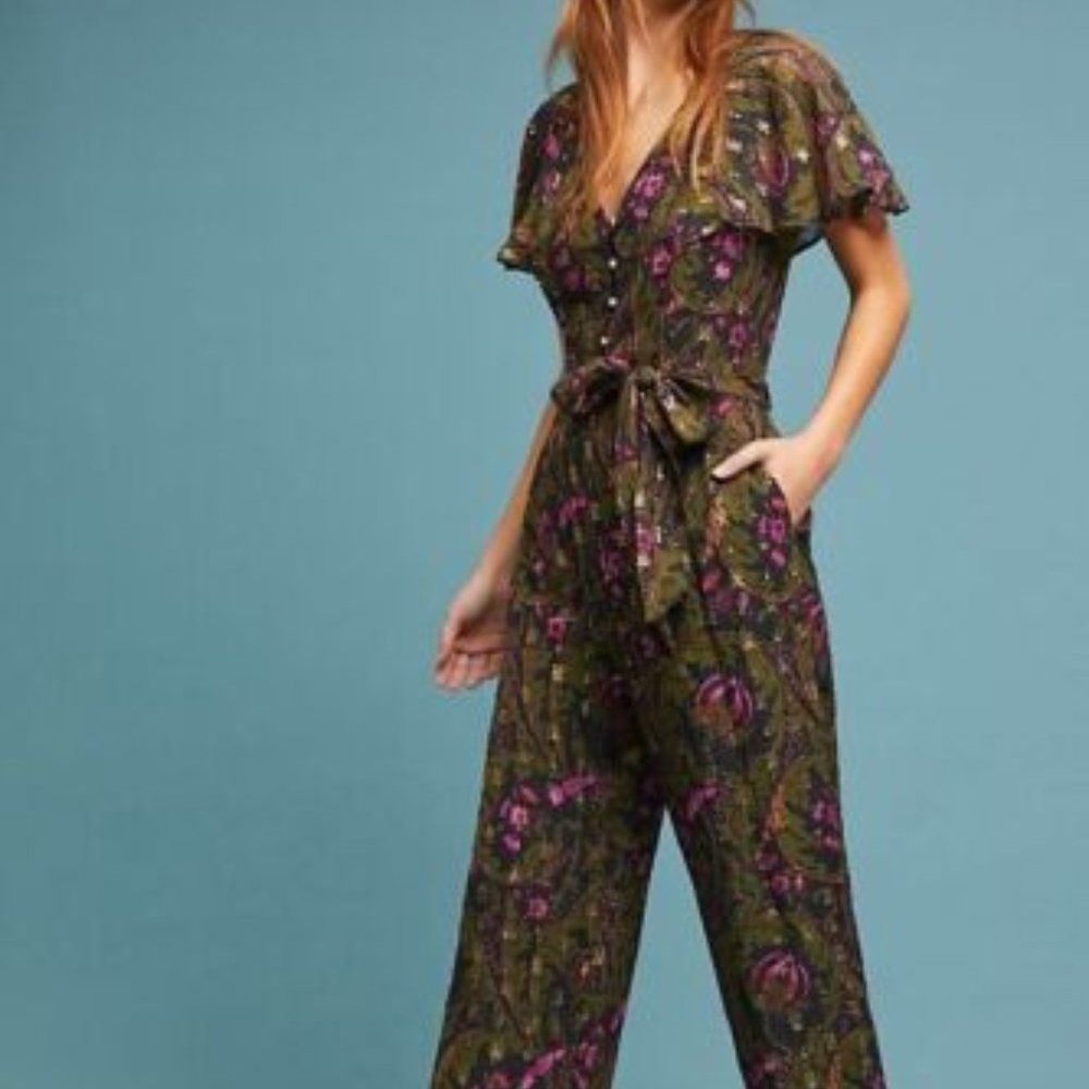 Anthropologie Floral Jumpsuit Size 2 in Green and Purple - Picture 1 of 6